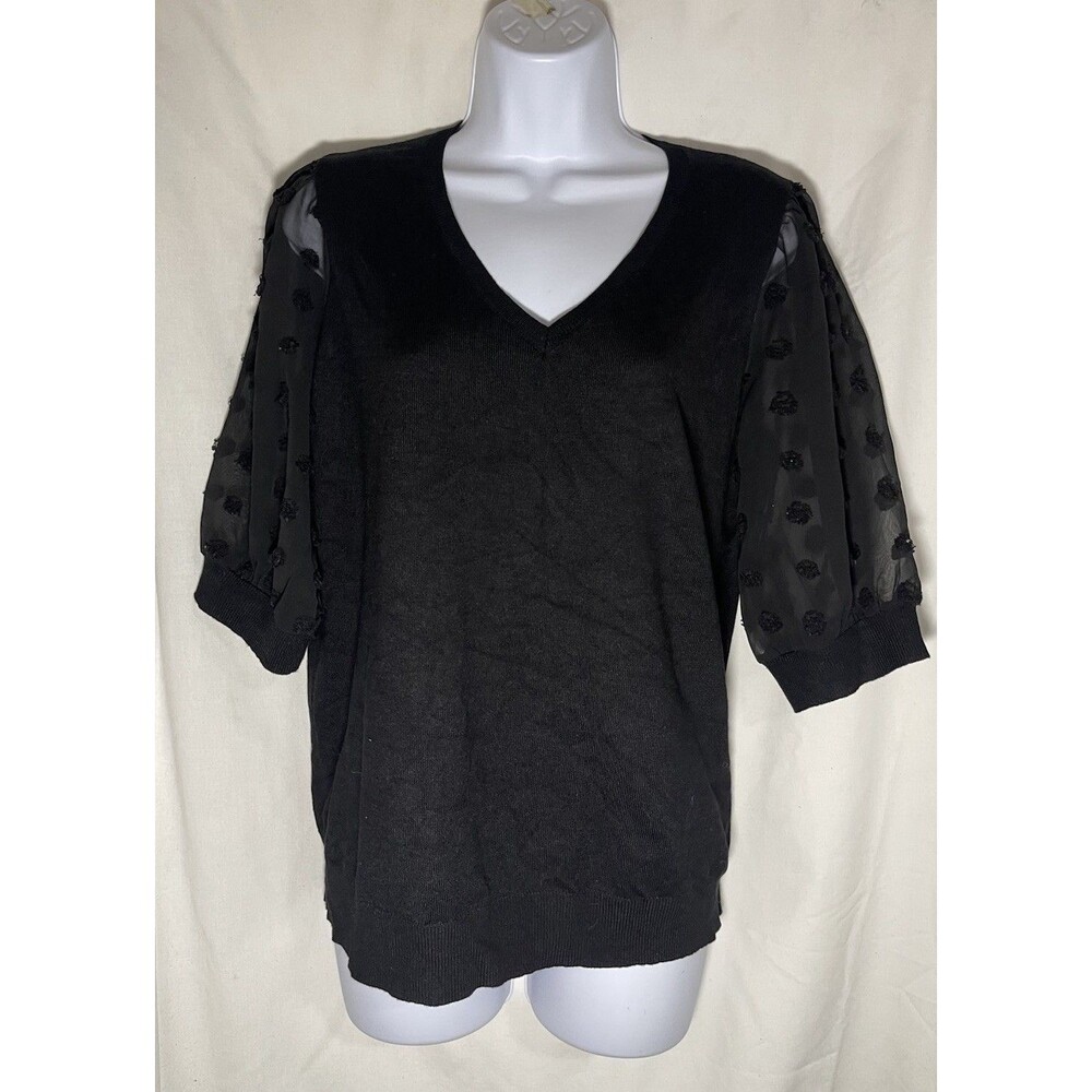 Adrianna Papell Black V-Neck Sweater Size L Sheer Swiss Dot Puff Short Sleeves